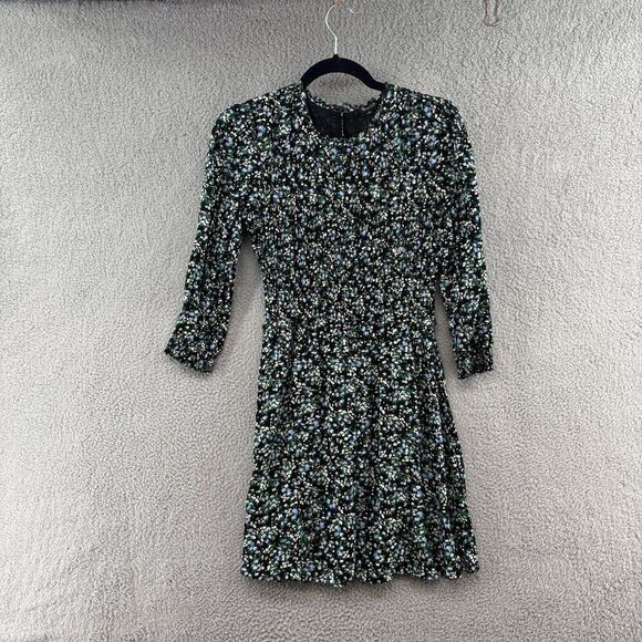 Madewell Smocked Long-Sleeve Mini Dress in Meadow Ditsy Black - Size 4 - Picture 4 of 13